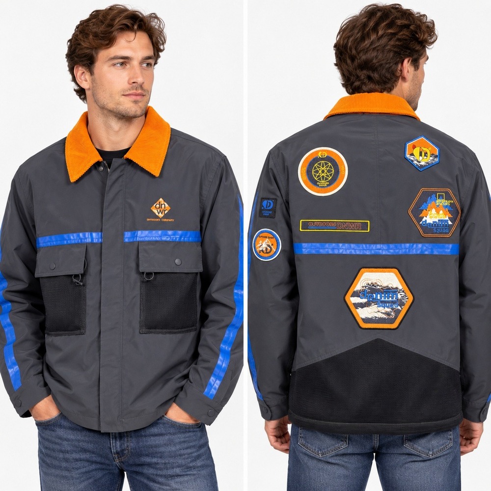 Zara DNWR Utility Jacket Grey Orange Corduroy Collar Patchwork Mens Large